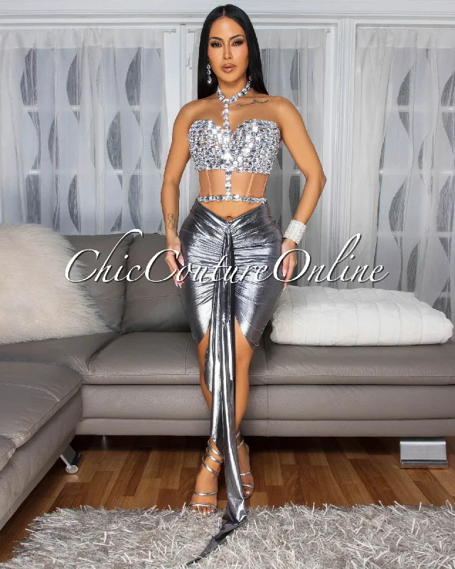 Formal dresses with shimmering details for elegance-Kaeli Silver Rhinestones Bustier & Draped Skirt Set