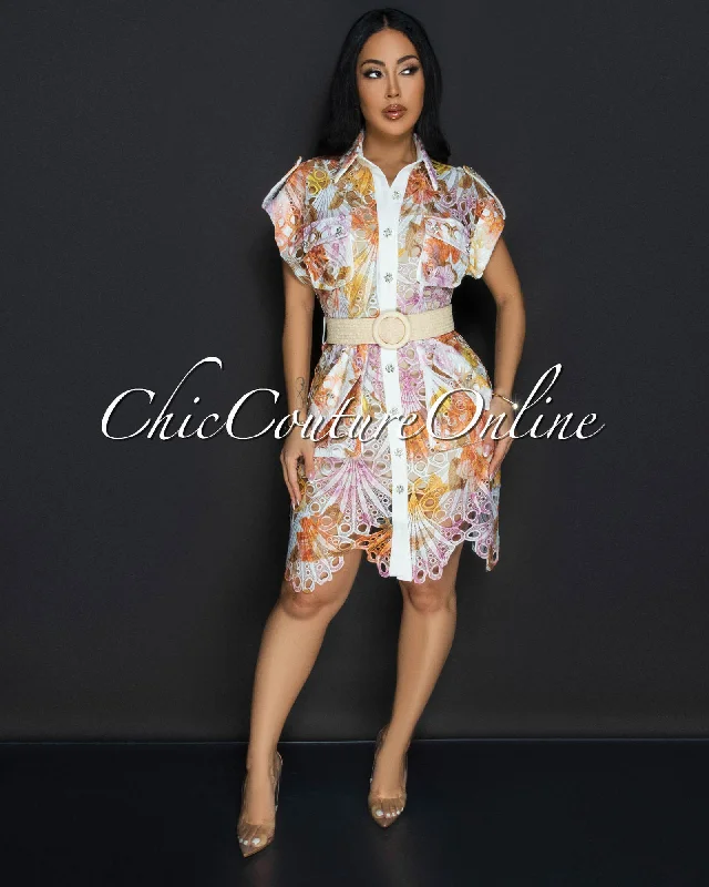 Formal dresses for bride-to-be rehearsal dinners-Luminous Multi-Color Print Crochet Belted Dress