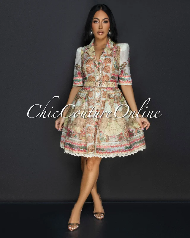 Formal dresses with sheer neckline for modern touch-Belynda Yellow Multi Print Belted Dress