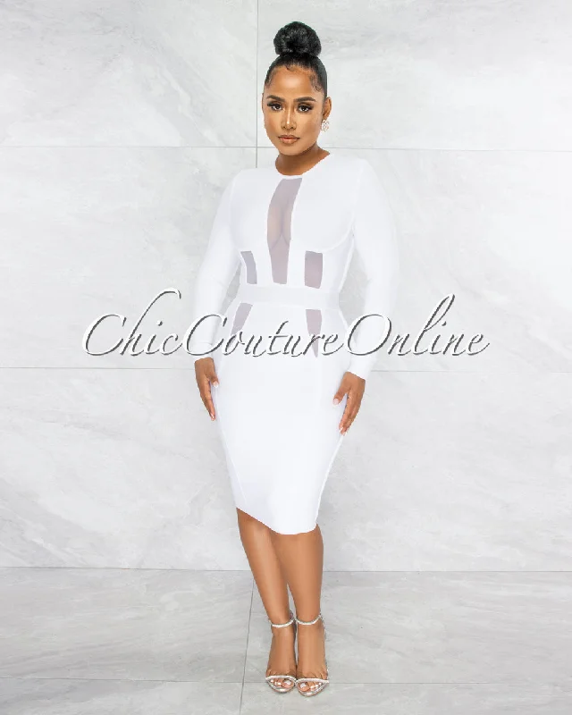 Formal dresses for exquisite red carpet moments-Valeda Off-White Mesh Details Bandage Midi Dress