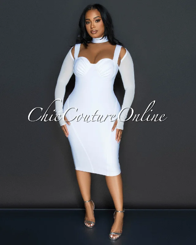Formal dresses with intricate lacework for refined style-Solia Off-White Cut Out Bandage Midi Dress