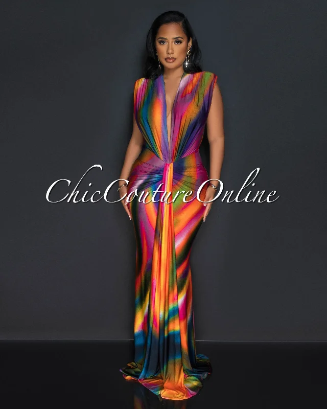 Formal dresses with halter back for modern look-Samaria Multi-Color Deep V-Neck Front Maxi Dress