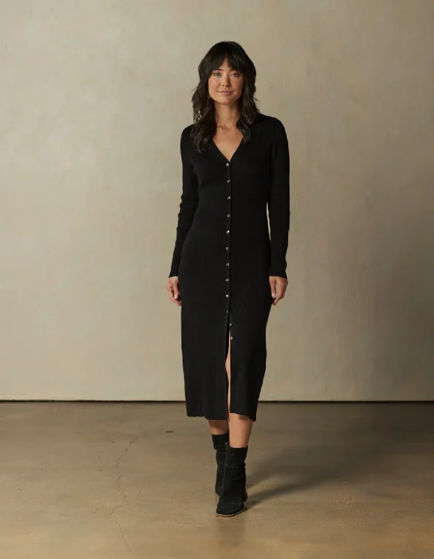 Button Front Dress for easy, breezy comfort-Alyx Button Thru Dress in Black