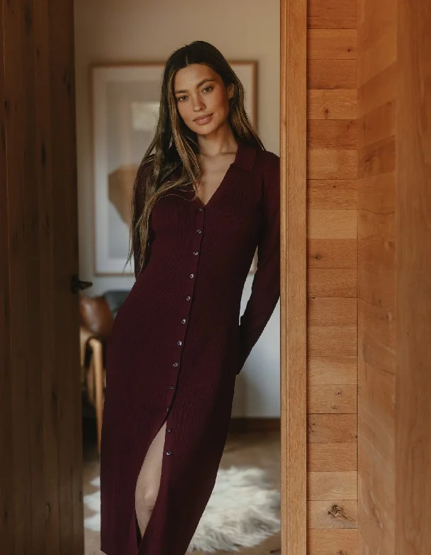Button Front Dress with oversized buttons for a bold look-Alyx Button Thru Dress in Wine