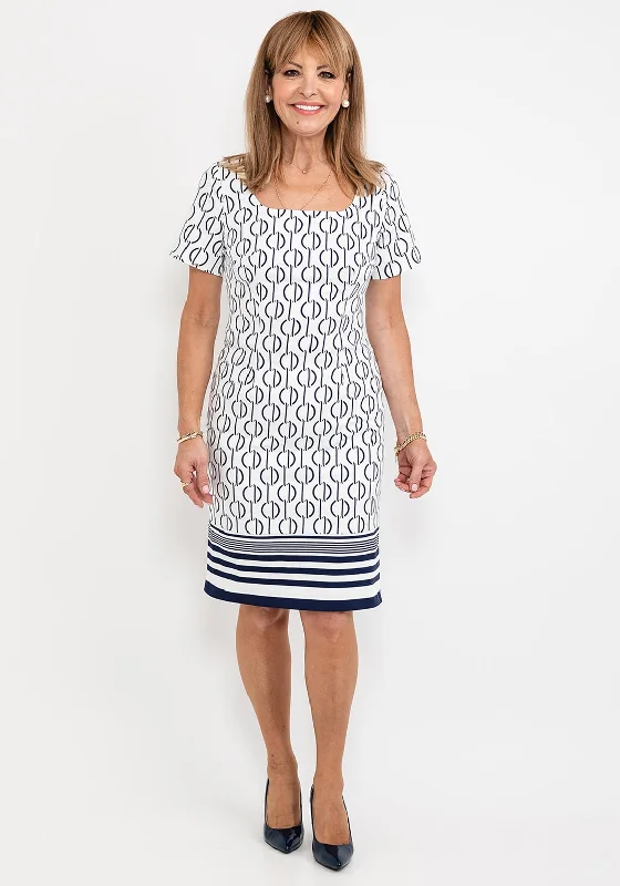 All-over print dresses with denim jacket-Badoo Link Print Pattern Pencil Dress, White & Navy All-over print dresses with denim jacket-Badoo Link Print Pattern Pencil Dress, White & Navy