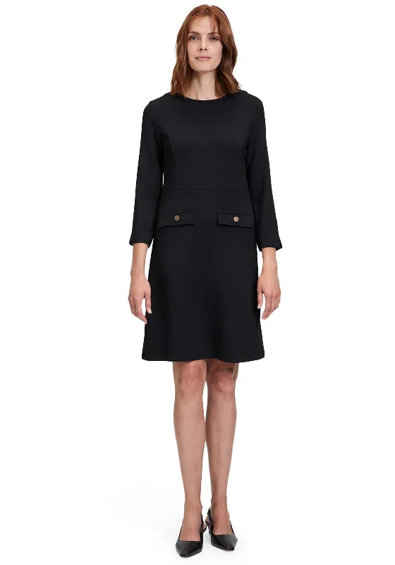 Button Front Dress with smocked waist for fit-Betty Barclay Jersey Button Aline Dress, Black