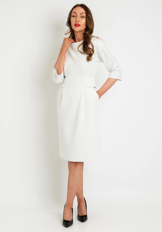 Button Front Dress with relaxed neckline for comfort-Birelin Button Tab Pencil Knee Length Dress, Ivory