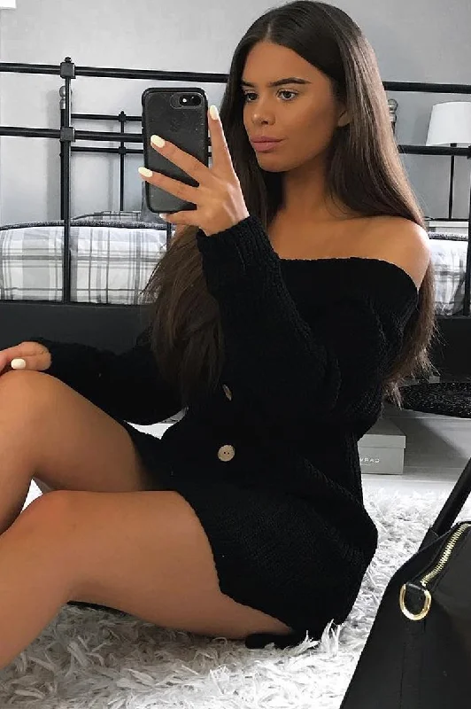 Button Front Dress with chic design for work-Black Bardot Button Front Chunky Knit Jumper Dress - Syanna