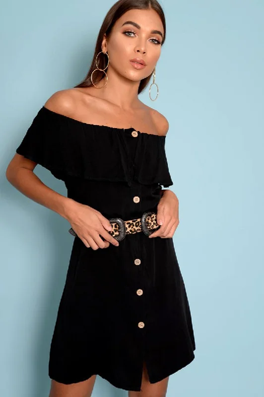 Button Front Dress with button details for stylish flair-Black Bardot Frill Button Front Dress - Julissa