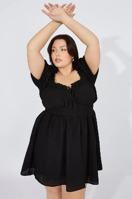 Trendy puff sleeve dress for summer outings-Black Corset Detail Minidress Puff Sleeve