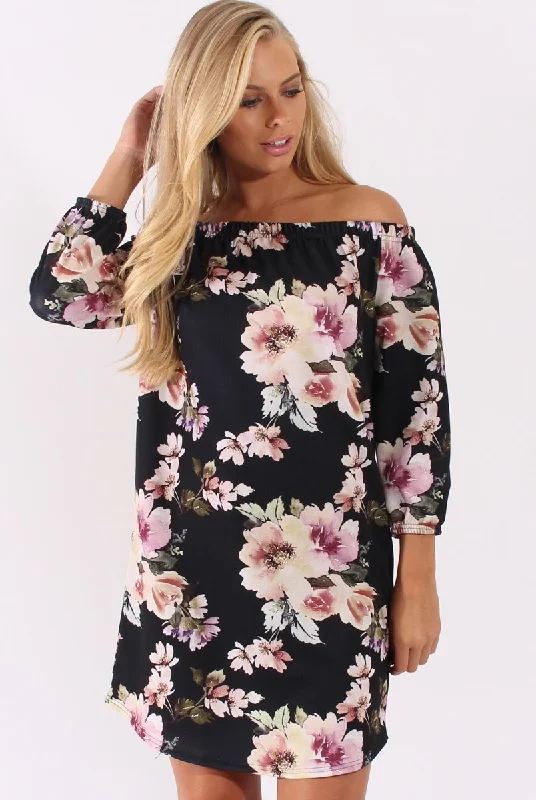 All-over print dresses for parties-Black Floral Print Bardot Dress - Cammi