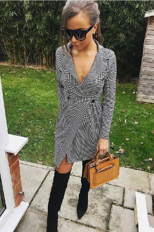 Button Front Dress with shirt collar for classic touch-Black Gingham Print Button Detail Blazer Dress - Nora