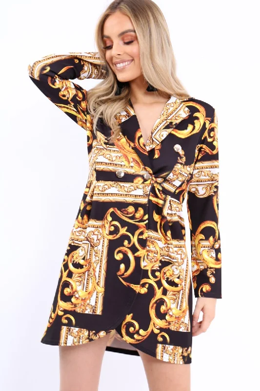 Button Front Dress with cuffed sleeves for neat look-Black Scarf Print Button Detail Blazer Dress - Hannah