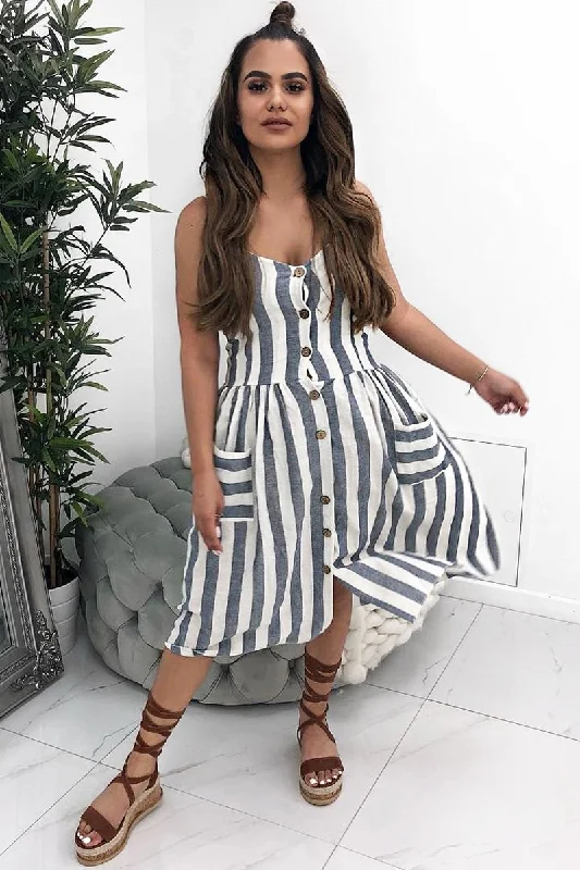 Button Front Dress with oversized fit for cozy style-Blue And White Stripe Button Up Dress - Lilyanne