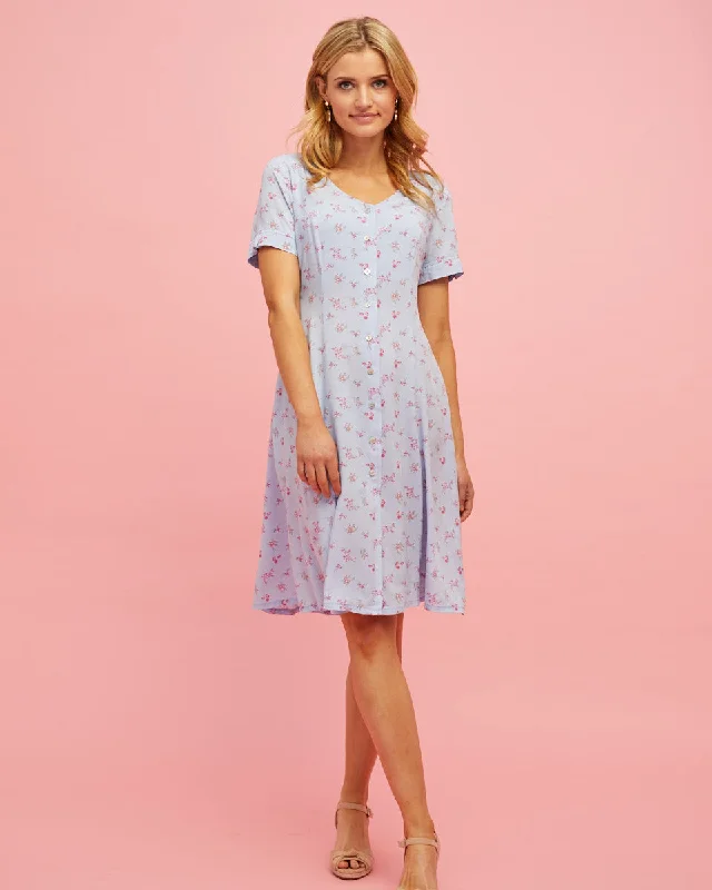 Button Front Dress with high-low hem for added drama-Button Front Nursing Dress - Sky Blue Floral