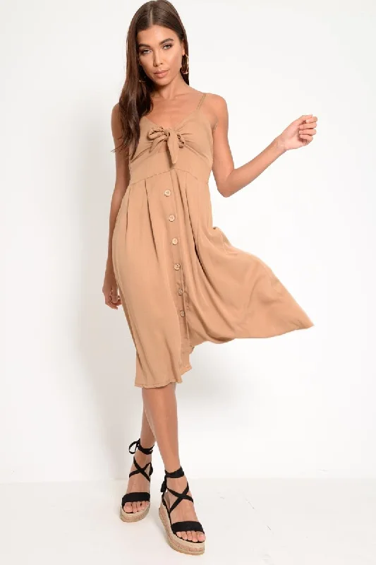 Button Front Dress for comfortable and stylish days-Camel Knot Front Button Dress - Kadia