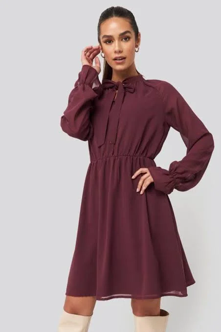Button Front Dress with fitted bodice for shape-Chiffon Buttoned Dress Burgundy