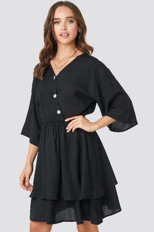 Button Front Dress for an effortlessly chic look-Contrast Button Layer Dress Black