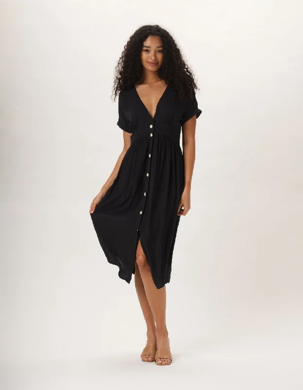 Button Front Dress for casual party style-Deep V Button Thru Dress in Black