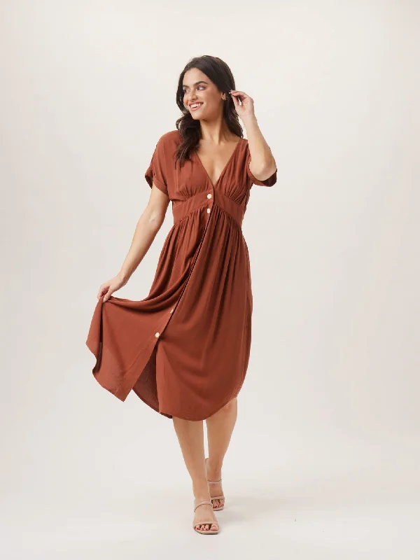 Button Front Dress for a classic wardrobe staple-Deep V Button Thru Dress in Clay