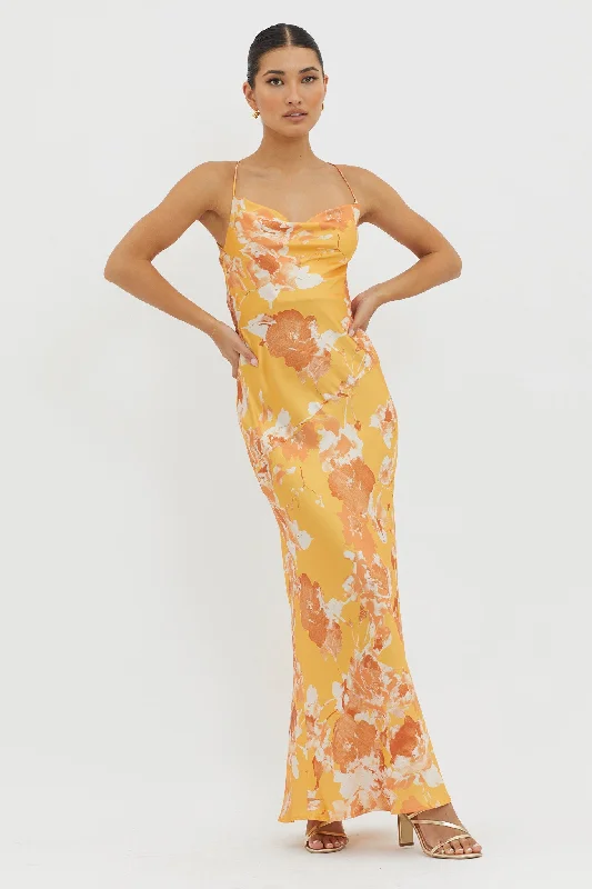 All-over print dresses for summer weddings-Dream Walk Cowl Back Tied Dress Print Orange All-over print dresses for summer weddings-Dream Walk Cowl Back Tied Dress Print Orange