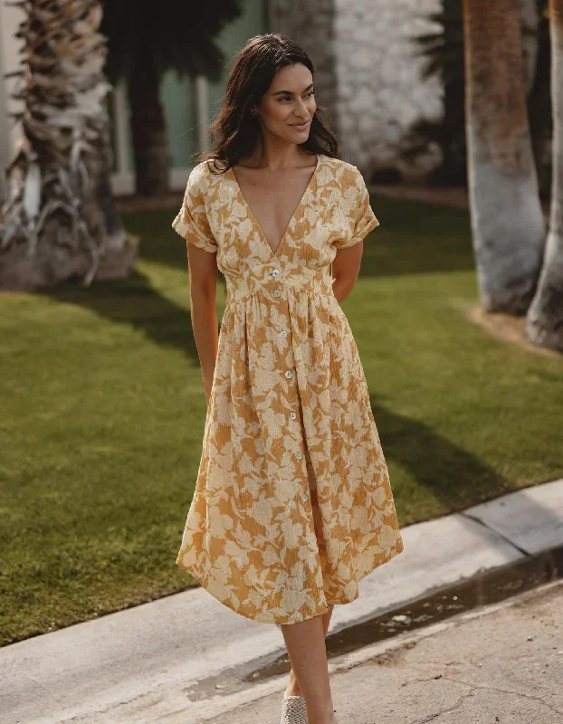 Button Front Dress with relaxed fit for comfort-Ezra Crepe Deep V Button Thru Dress in Cliff Rose Print