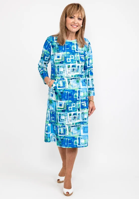 All-over print dresses for dates-Leon Collection Shape Print Shift Dress, Blue & Green All-over print dresses for dates-Leon Collection Shape Print Shift Dress, Blue & Green