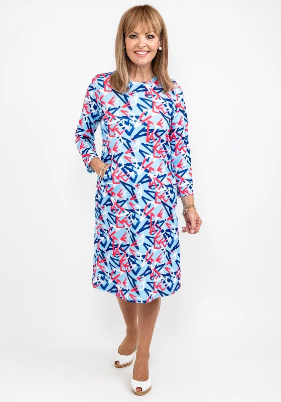 All-over print dresses with ruffles-Leon Collection Shape Print Shift Dress, Light Blue Multi All-over print dresses with ruffles-Leon Collection Shape Print Shift Dress, Light Blue Multi