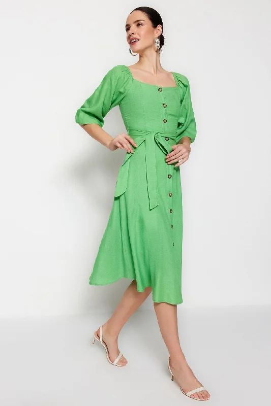 Button Front Dress for easy, everyday style-Green Button Down Woven Belted Dress