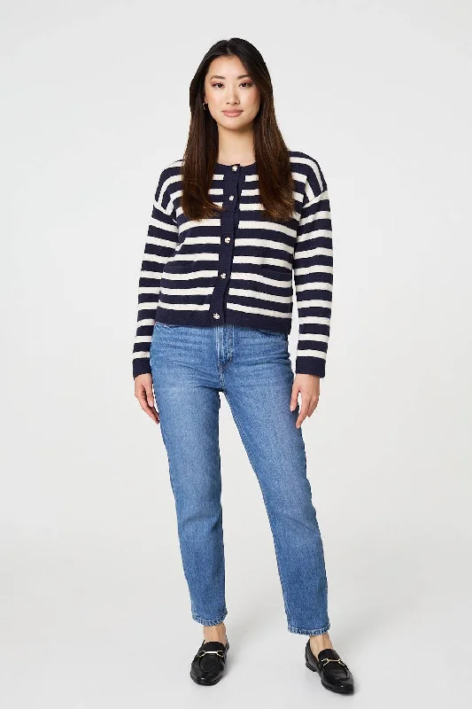 Button Front Dress with flowy fabric for movement-Striped Button Detail Cropped Cardigan