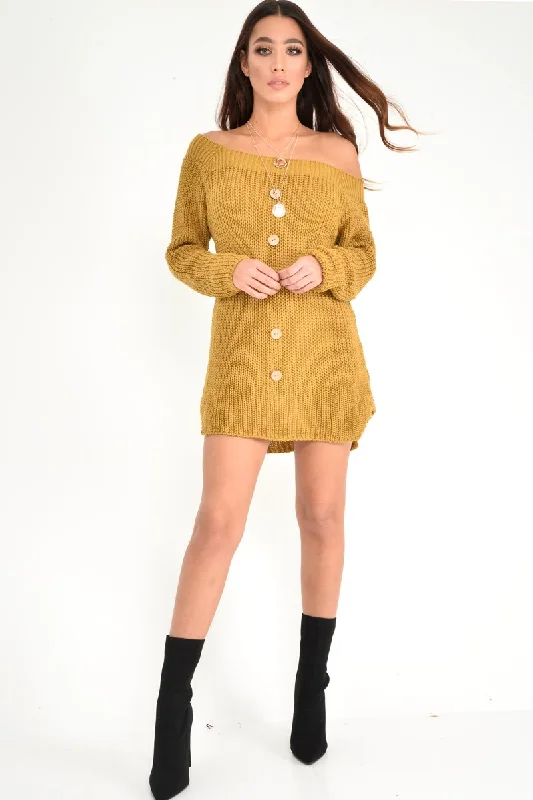 Button Front Dress for a relaxed fit-Mustard Bardot Button Front Chunky Knit Jumper Dress - Syanna