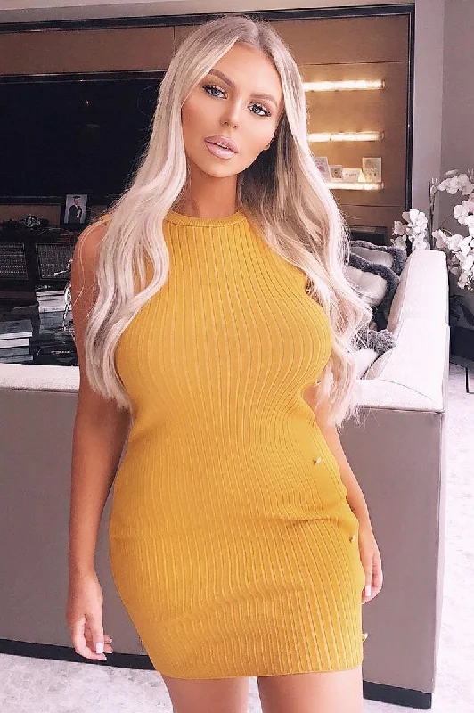 Button Front Dress with flowy skirt for comfort-Mustard Button Front Knitted Jumper Dress - Adalei