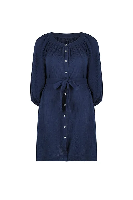Button Front Dress with relaxed silhouette for comfort-Navy Cheesecloth Button Through Dress