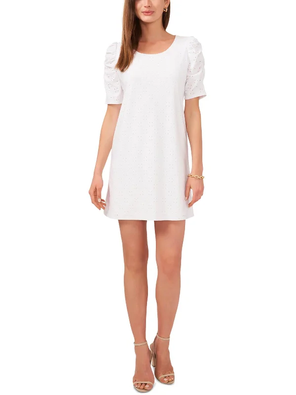 Puff sleeve dress with v-neckline for flattering look-Petites Womens Eyelet Puff Sleeves Shift Dress