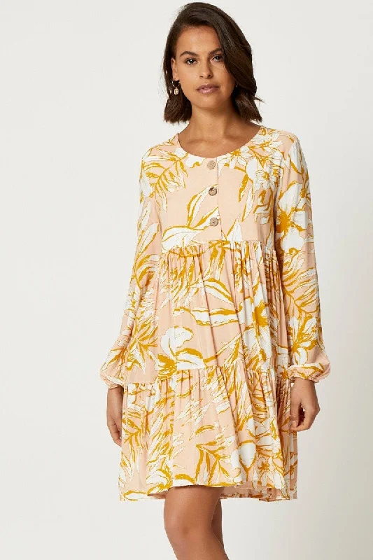 Button Front Dress with layered skirt for volume-Print Button Front Dress