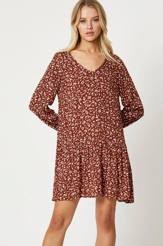 All-over print dresses with leather jacket-Print Ruffle Dress