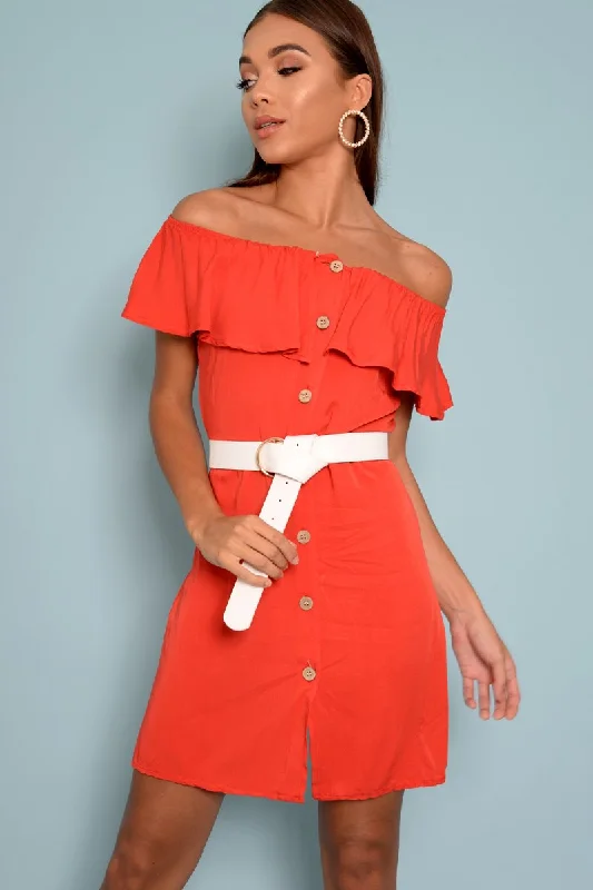 Button Front Dress with long sleeves for cooler days-Red Bardot Frill Button Front Dress - Julissa