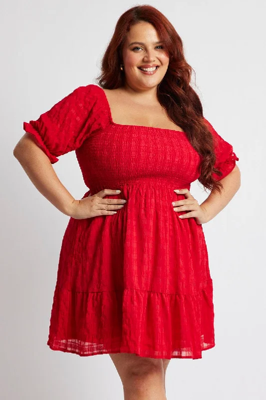 Puff sleeve dress for a flattering silhouette-Red Minidress Check Puff Sleeve