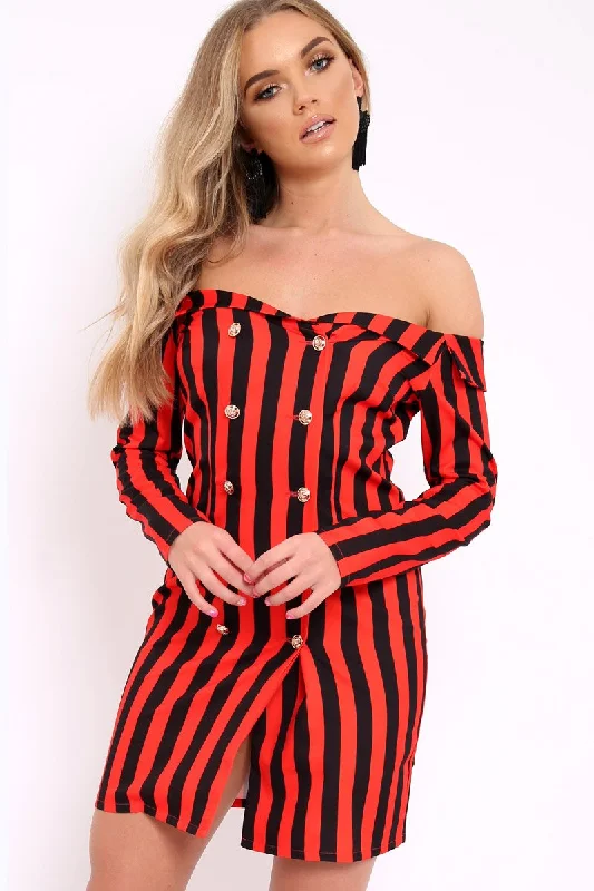 Button Front Dress with pockets for practicality-Red Stripe Button Detail Dress - Aaliyana