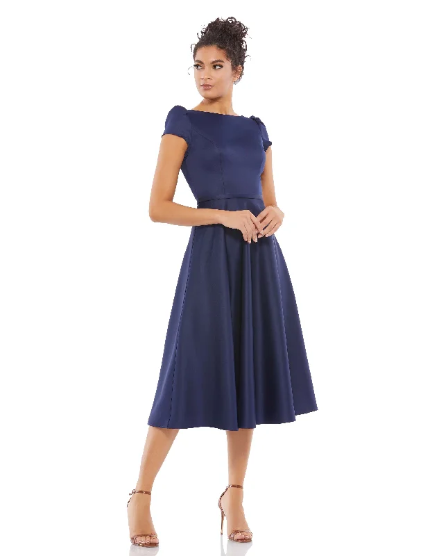 Puff sleeve dress for chic daytime style-Satin Puff Shoulder Tea Length Dress