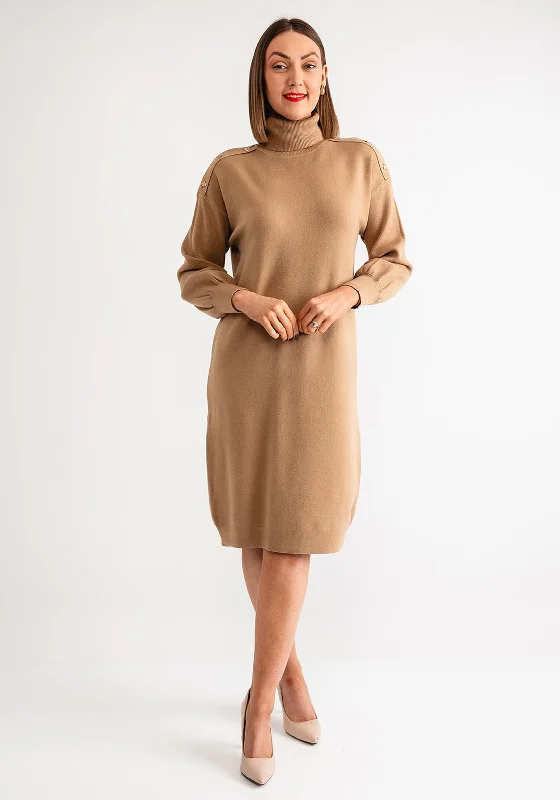 Button Front Dress with timeless style for every season-Serafina Collection Gold Bee Button Jumper Dess, Camel