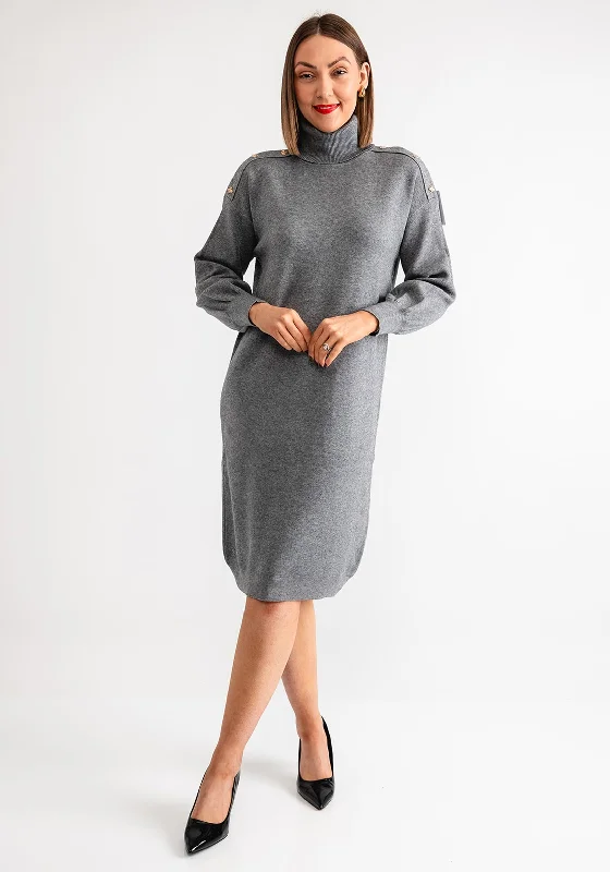 Button Front Dress for easy, day-to-night transitions-Serafina Collection Gold Bee Button Jumper Dess, Grey