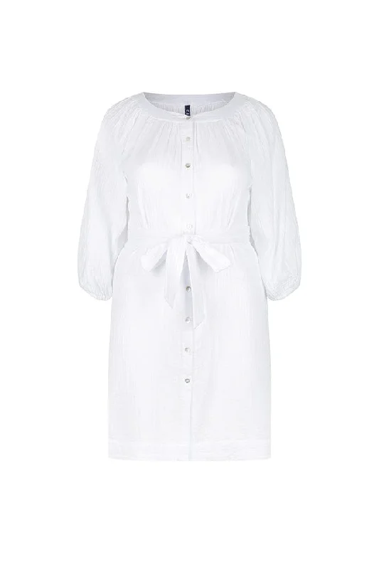 Button Front Dress with tiered design for volume-White Cheesecloth Button Through Dress