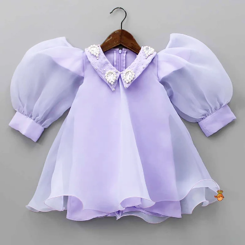 Puff sleeve dress for smart-casual office wear-Pre Order: Puff Sleeves Organza Lavender Dress