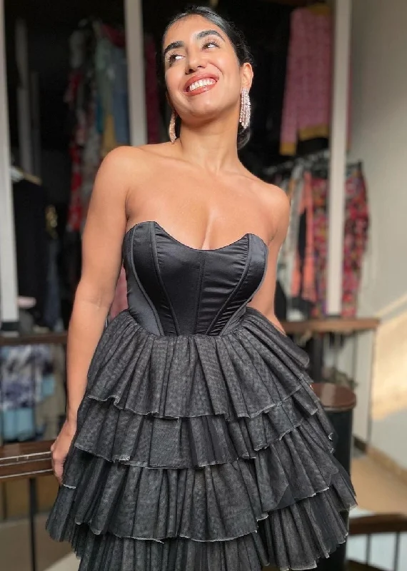 Puff sleeve dress with bright colors for standout look-Belle Black Ruffle Tulle Puff Corset Dress