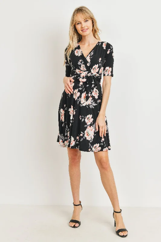 Comfortable V Neck Dress with relaxed fit-Floral side Tie V-Neck Maternity Dress