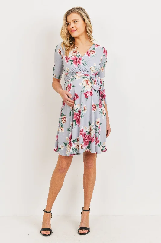 Trendy V Neck Dress with color-block design-Floral side Tie V-Neck Maternity Dress