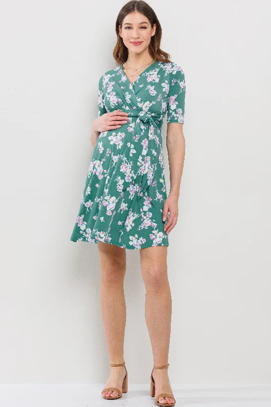 V Neck Dress for easy summer styling-Floral Side Tie V-Neck Maternity Nursing Dress