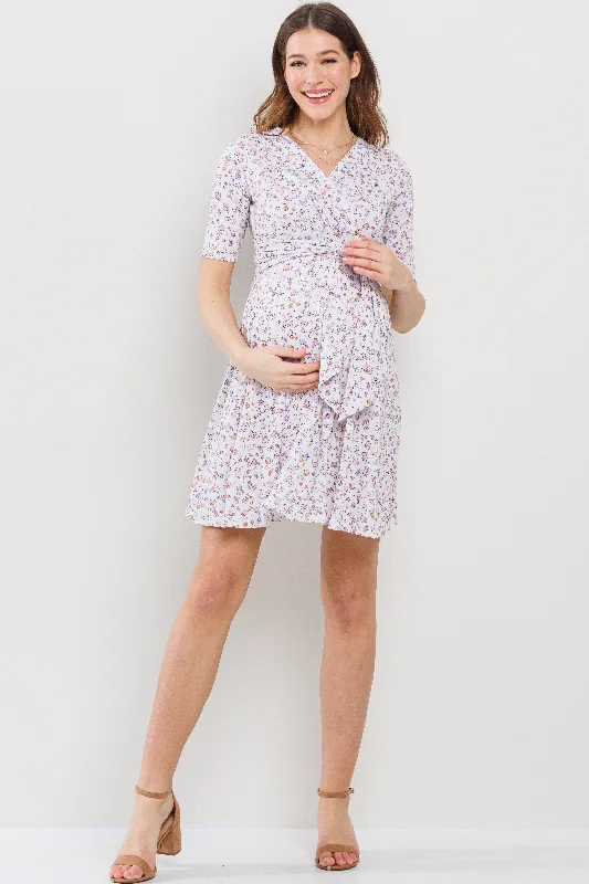 V Neck Dress with delicate lace trim for softness-Floral V-Neck Maternity Nursing Dress