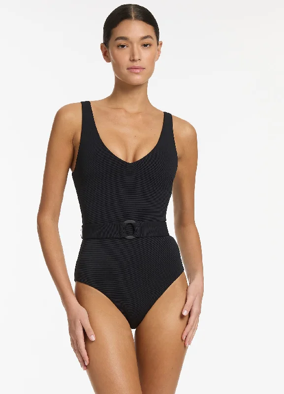 V Neck Dress for chic vacation look-Isla Rib V-Neckline Belted One Piece - Black